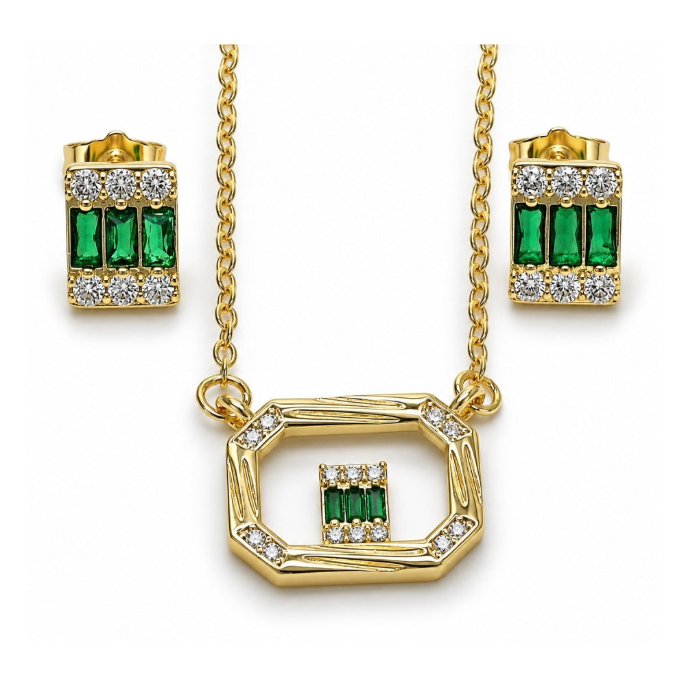 Oro Laminado Earring and Pendant Adult Set, Gold Filled Style Baguette Design, with Green and White Cubic Zirconia, Polished, Golden Finish
