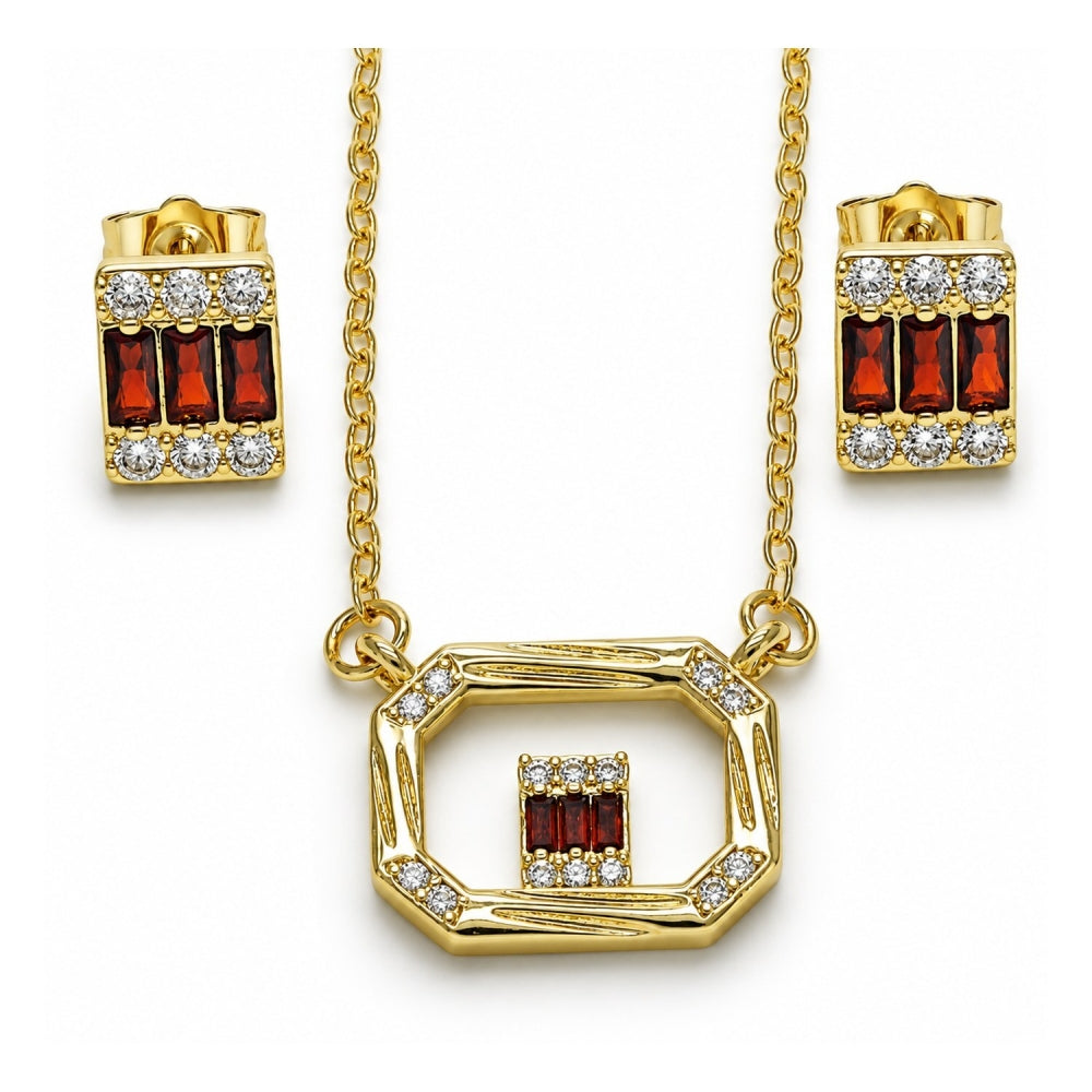 Oro Laminado Earring and Pendant Adult Set, Gold Filled Style Baguette Design, with Garnet and White Cubic Zirconia, Polished, Golden Finish