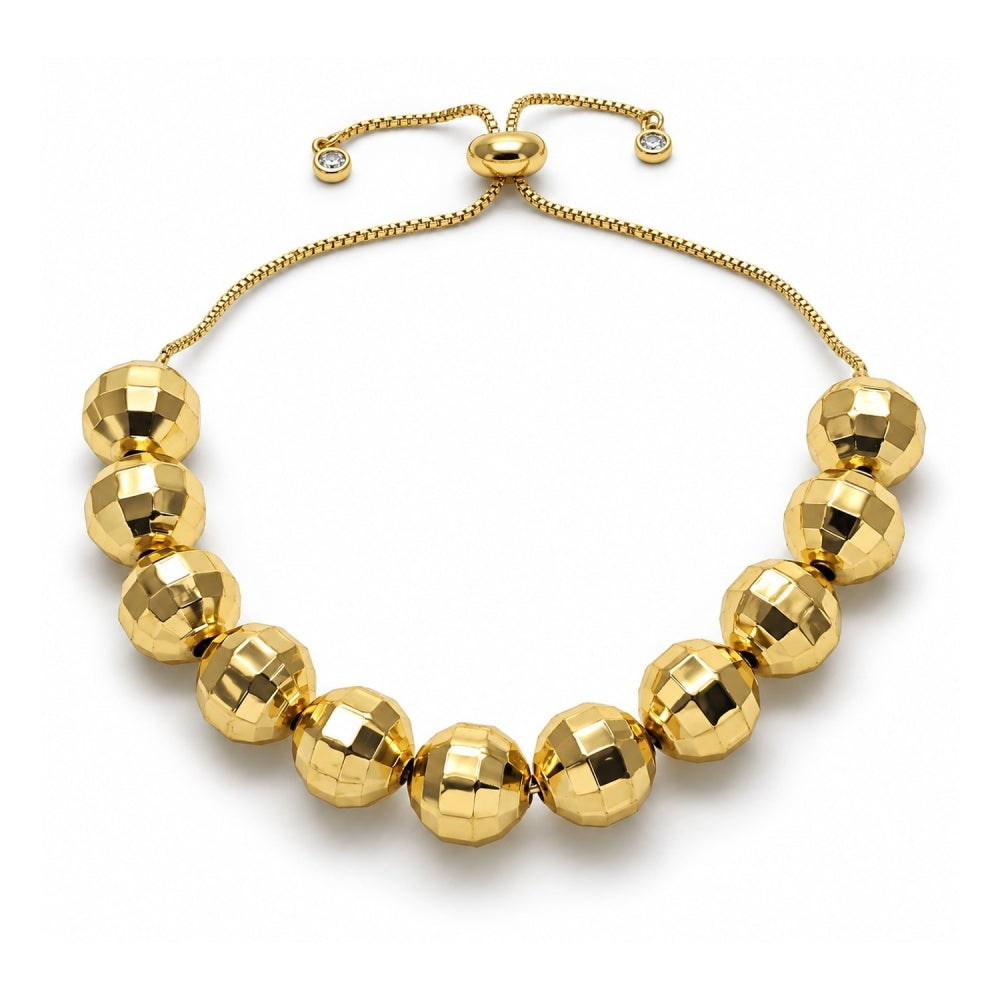 Oro Laminado Adjustable Bolo Bracelet, Gold Filled Style Ball and Disco Design, with White Cubic Zirconia, Diamond Cutting Finish, Golden Finish