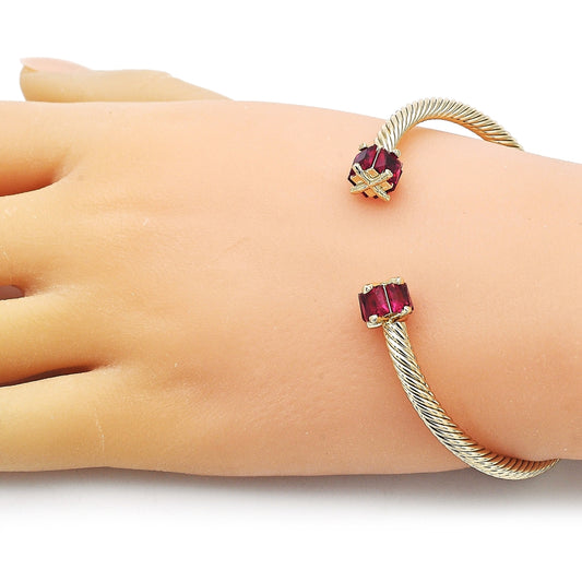 Oro Laminado Individual Bangle, Gold Filled Style Twist Design, with Ruby Cubic Zirconia, Polished, Golden Finish