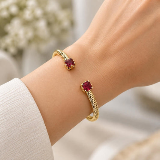 Oro Laminado Individual Bangle, Gold Filled Style Twist Design, with Ruby Cubic Zirconia, Polished, Golden Finish