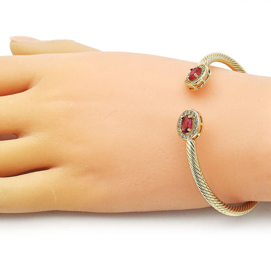 Oro Laminado Individual Bangle, Gold Filled Style Twist Design, with Ruby Cubic Zirconia and White Micro Pave, Polished, Golden Finish