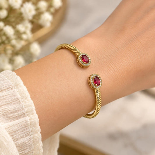 Oro Laminado Individual Bangle, Gold Filled Style Twist Design, with Ruby Cubic Zirconia and White Micro Pave, Polished, Golden Finish