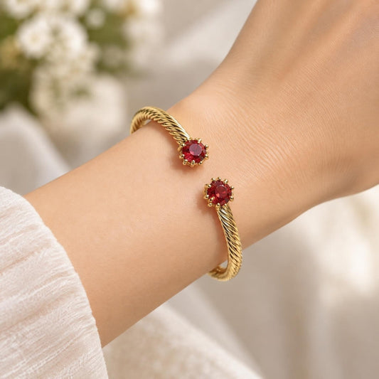 Oro Laminado Individual Bangle, Gold Filled Style Twist Design, with Ruby Cubic Zirconia, Polished, Golden Finish