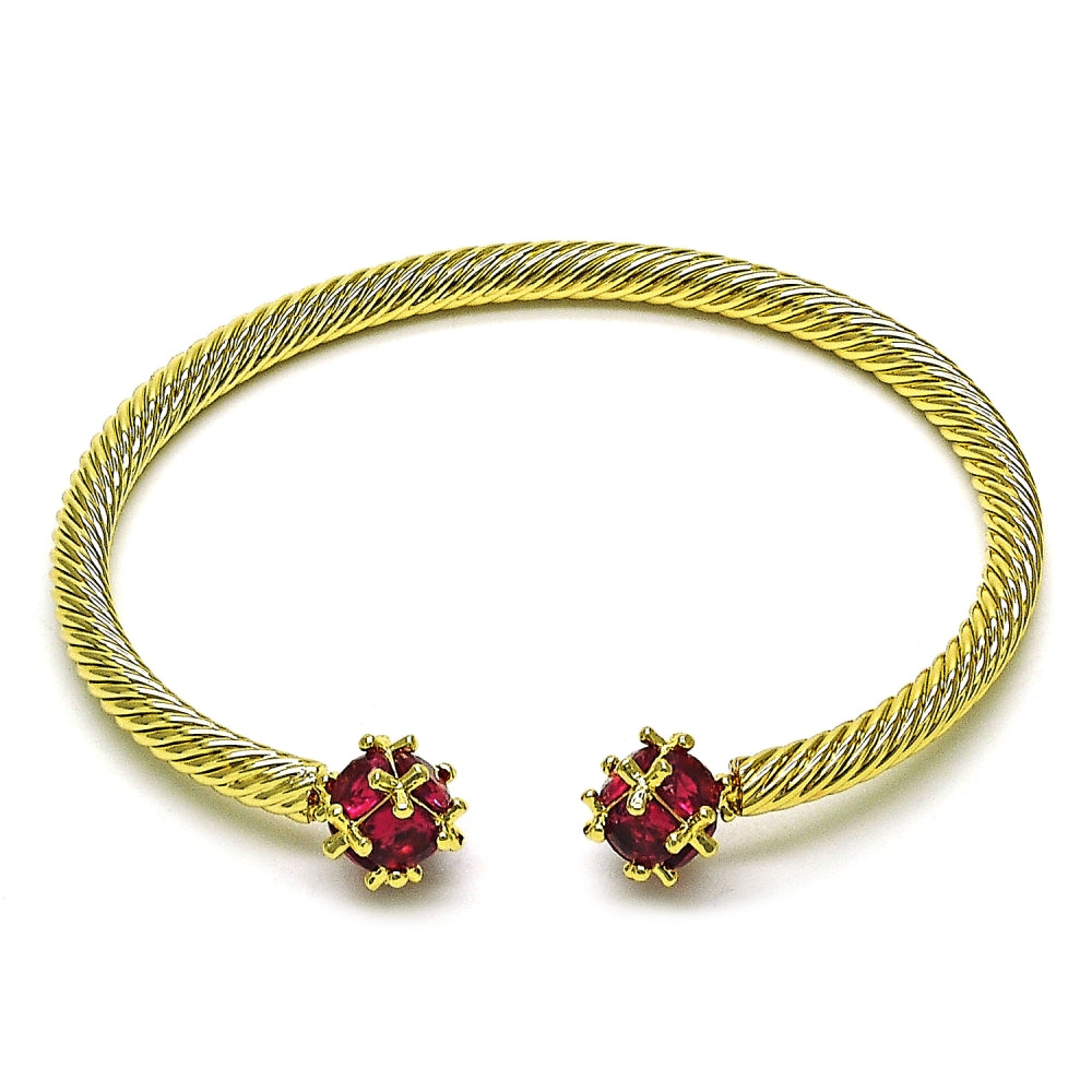 Oro Laminado Individual Bangle, Gold Filled Style Twist Design, with Ruby Cubic Zirconia, Polished, Golden Finish