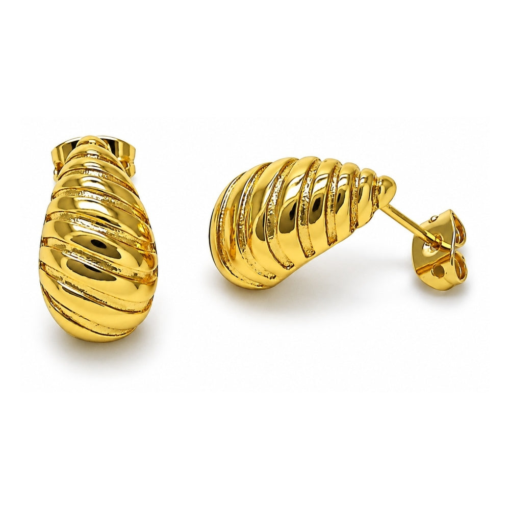 Oro Laminado Stud Earring, Gold Filled Style Teardrop Design, Diamond Cutting Finish, Golden Finish