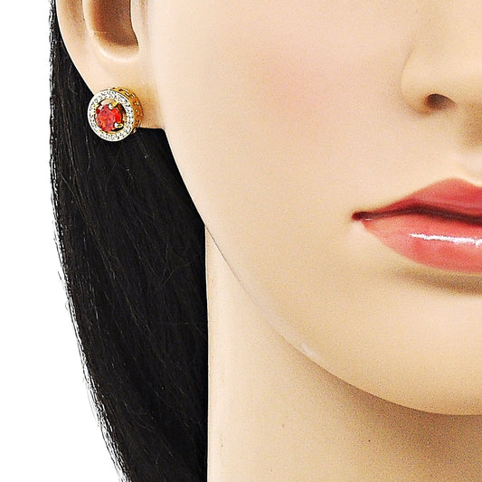 Oro Laminado Stud Earring, Gold Filled Style Cluster and Greek Key Design, with Garnet Cubic Zirconia and White Micro Pave, Polished, Golden Finish