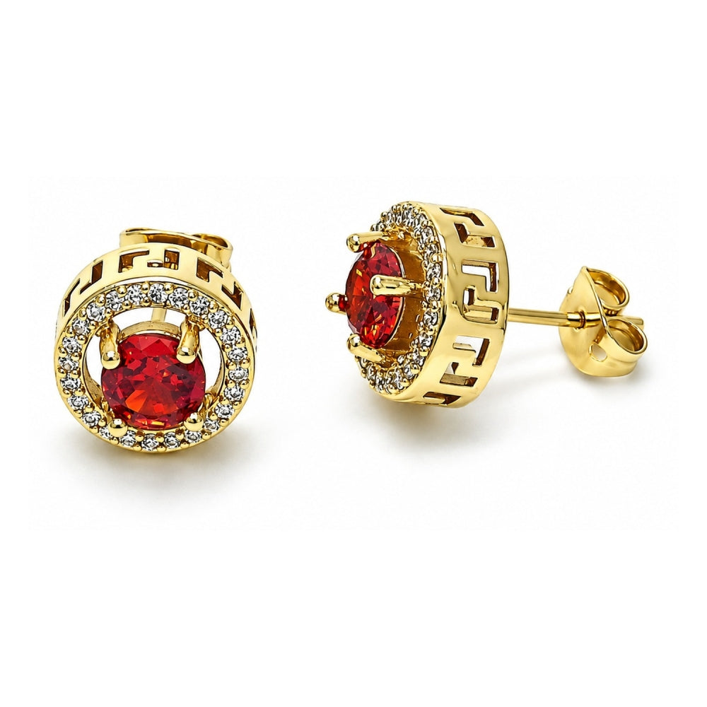 Oro Laminado Stud Earring, Gold Filled Style Cluster and Greek Key Design, with Garnet Cubic Zirconia and White Micro Pave, Polished, Golden Finish