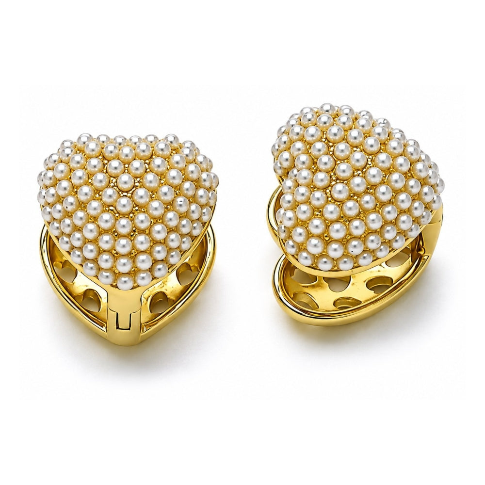 Oro Laminado Huggie Hoop, Gold Filled Style Heart Design, with Ivory Pearl, Polished, Golden Finish