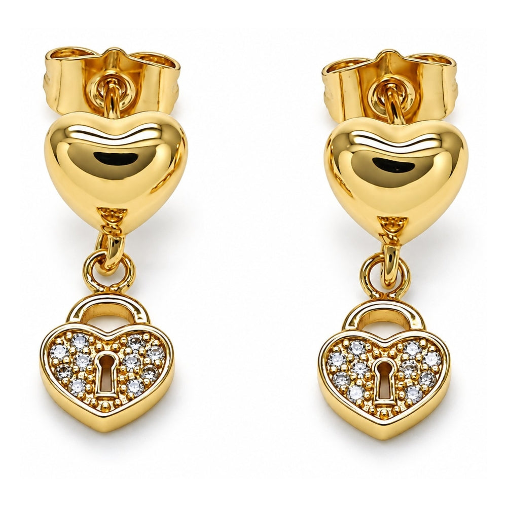 Oro Laminado Dangle Earring, Gold Filled Style Heart and Lock Design, with White Micro Pave, Polished, Golden Finish
