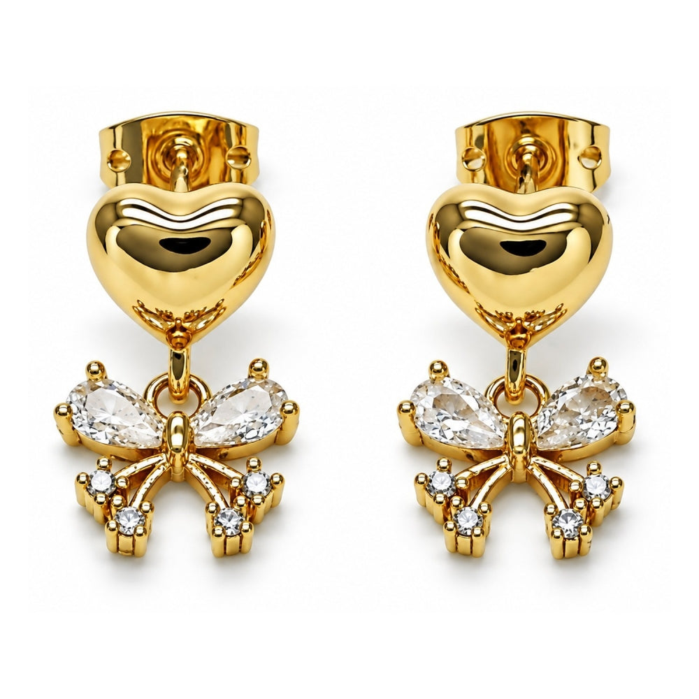 Oro Laminado Dangle Earring, Gold Filled Style Butterfly and Heart Design, with White Cubic Zirconia, Polished, Golden Finish