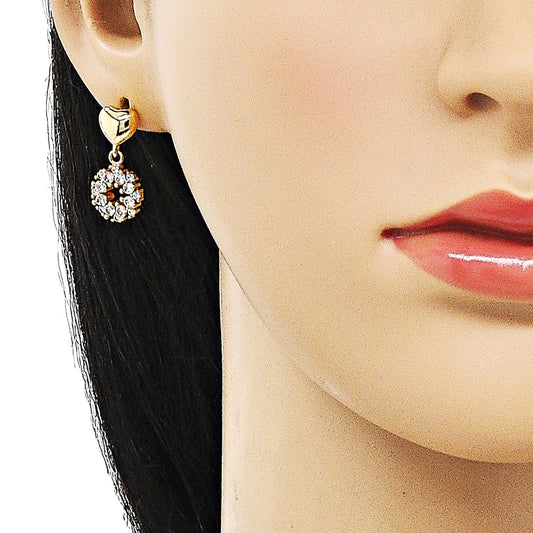 Oro Laminado Dangle Earring, Gold Filled Style Heart Design, with White Cubic Zirconia, Polished, Golden Finish