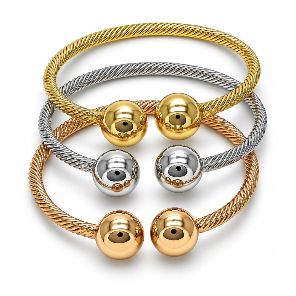 Oro Laminado Trio Bangle, Gold Filled Style Ball and Twist Design, Polished, Tricolor