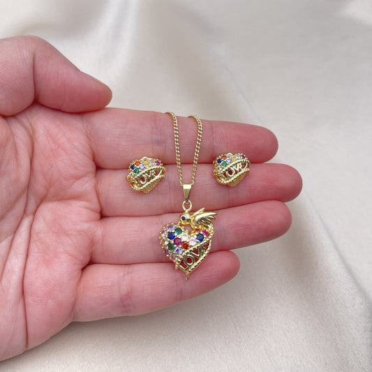 Oro Laminado Earring and Pendant Adult Set, Gold Filled Style Heart and Bird Design, with Multicolor Cubic Zirconia, Polished, Golden Finish