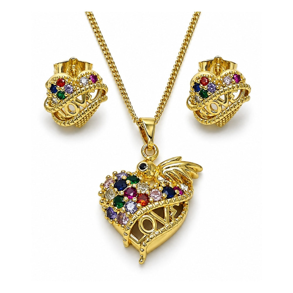 Oro Laminado Earring and Pendant Adult Set, Gold Filled Style Heart and Bird Design, with Multicolor Cubic Zirconia, Polished, Golden Finish