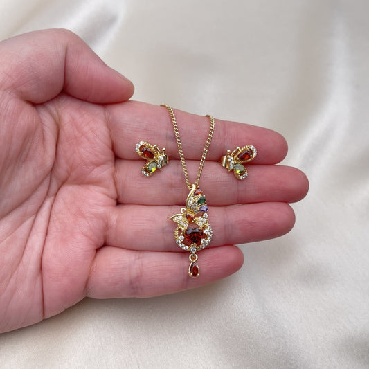 Oro Laminado Earring and Pendant Adult Set, Gold Filled Style Butterfly and Heart Design, with Multicolor and White Cubic Zirconia, Polished, Golden Finish
