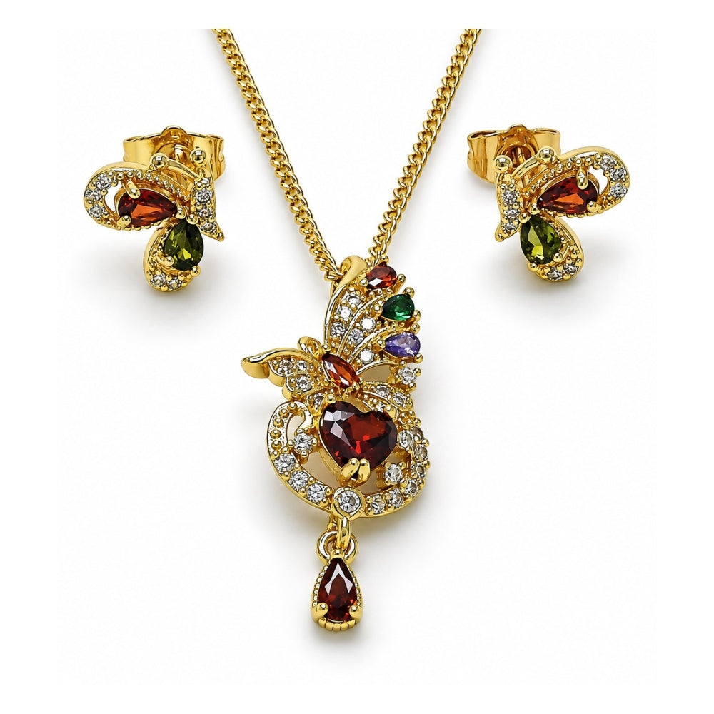 Oro Laminado Earring and Pendant Adult Set, Gold Filled Style Butterfly and Heart Design, with Multicolor and White Cubic Zirconia, Polished, Golden Finish