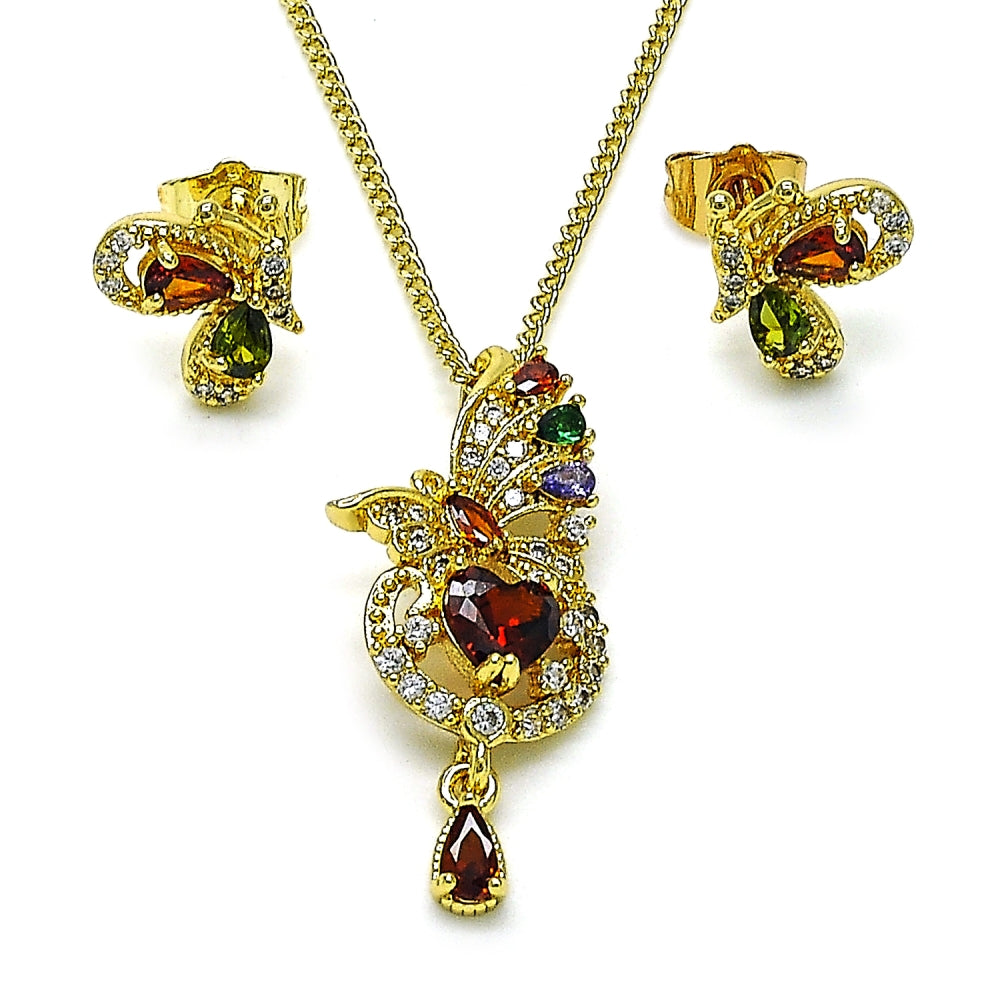Oro Laminado Earring and Pendant Adult Set, Gold Filled Style Butterfly and Heart Design, with Multicolor and White Cubic Zirconia, Polished, Golden Finish
