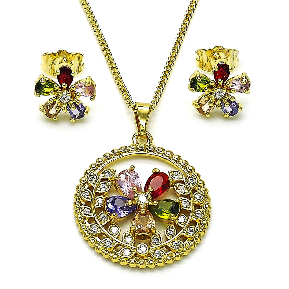 Oro Laminado Earring and Pendant Adult Set, Gold Filled Style Flower Design, with Multicolor and White Cubic Zirconia, Polished, Golden Finish
