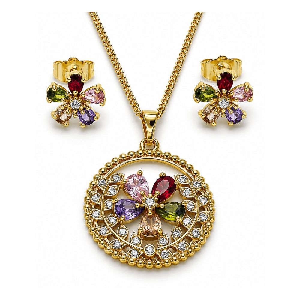 Oro Laminado Earring and Pendant Adult Set, Gold Filled Style Flower Design, with Multicolor and White Cubic Zirconia, Polished, Golden Finish