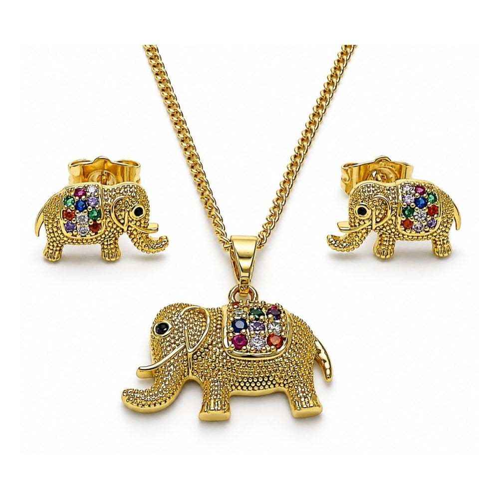 Oro Laminado Earring and Pendant Adult Set, Gold Filled Style Elephant Design, with Multicolor Micro Pave, Matte Finish, Golden Finish