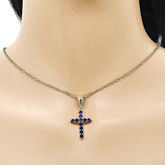Oro Laminado Religious Pendant, Gold Filled Style Cross Design, with Sapphire Blue Cubic Zirconia, Polished, Golden Finish