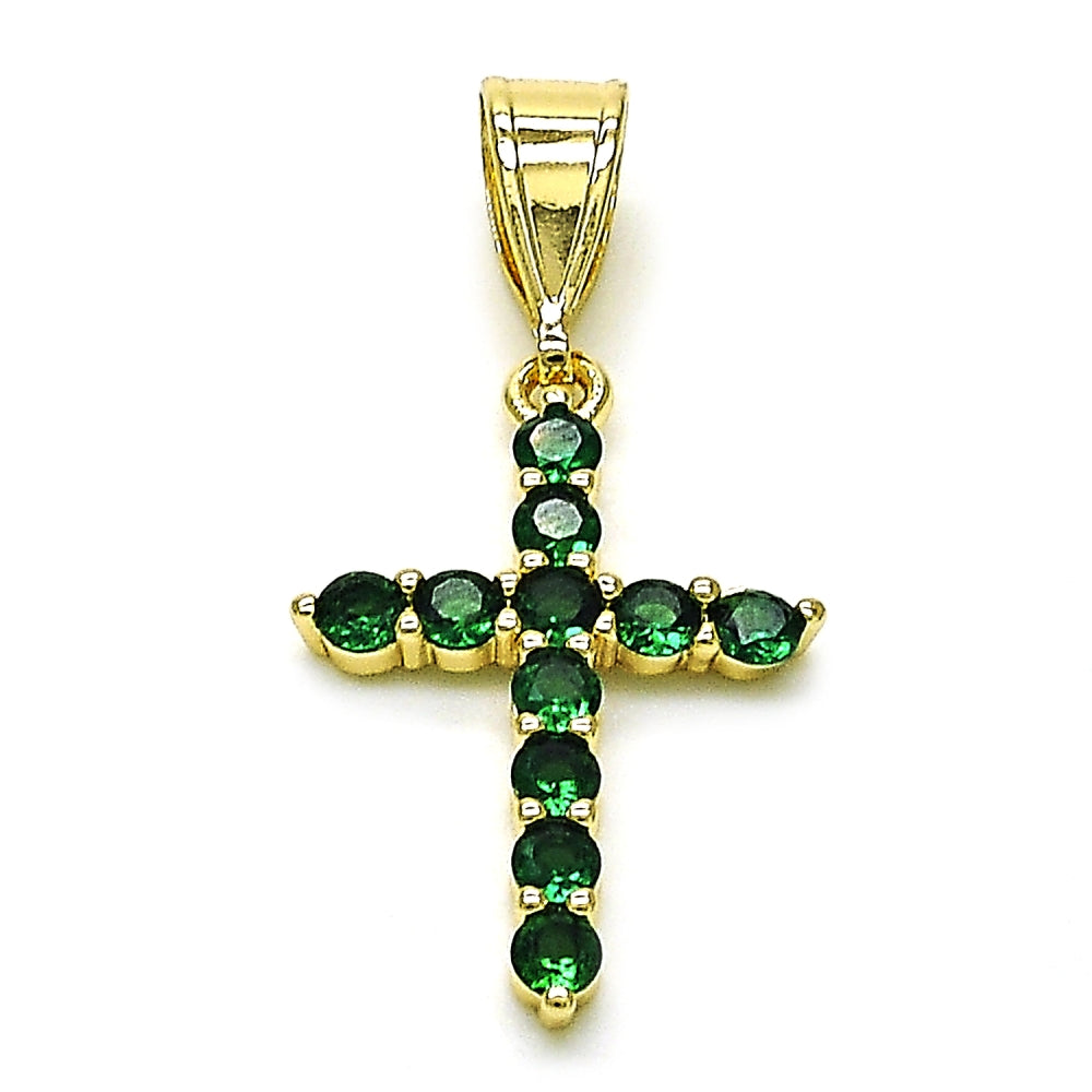Oro Laminado Religious Pendant, Gold Filled Style Cross Design, with Green Cubic Zirconia, Polished, Golden Finish