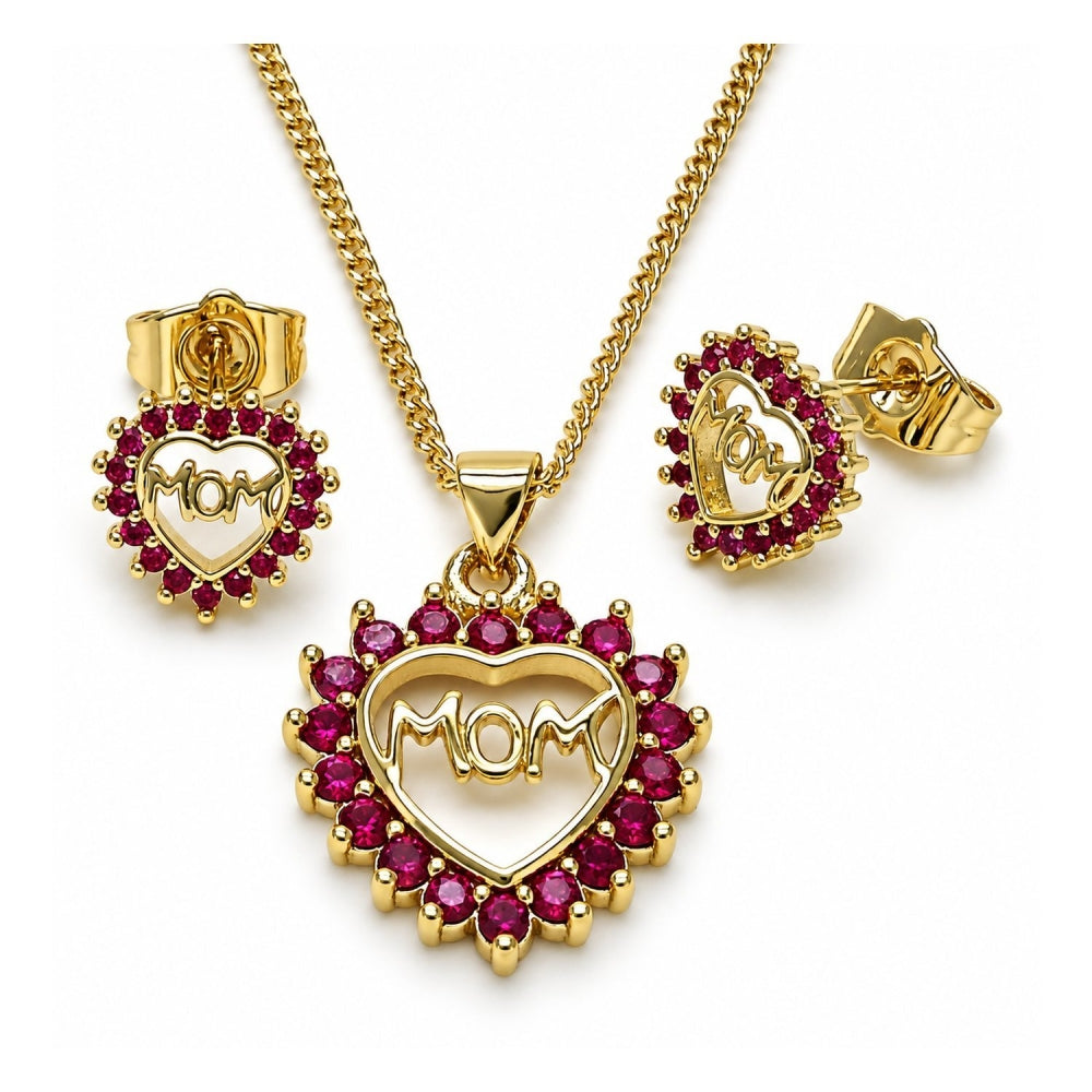 Oro Laminado Earring and Pendant Adult Set, Gold Filled Style Mom and Heart Design, with Ruby Cubic Zirconia, Polished, Golden Finish