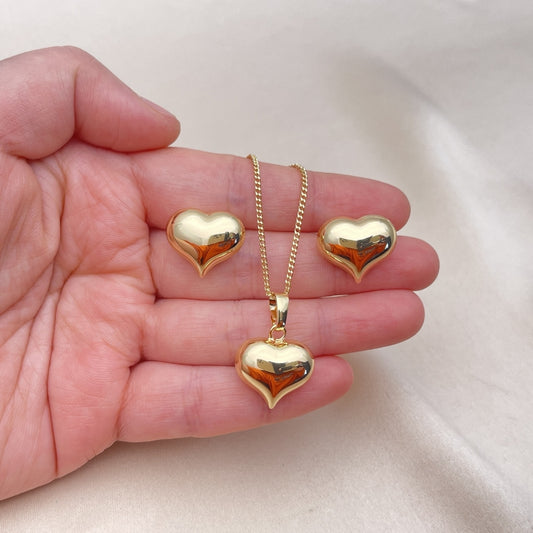 Oro Laminado Earring and Pendant Adult Set, Gold Filled Style Heart and Hollow Design, Polished, Golden Finish
