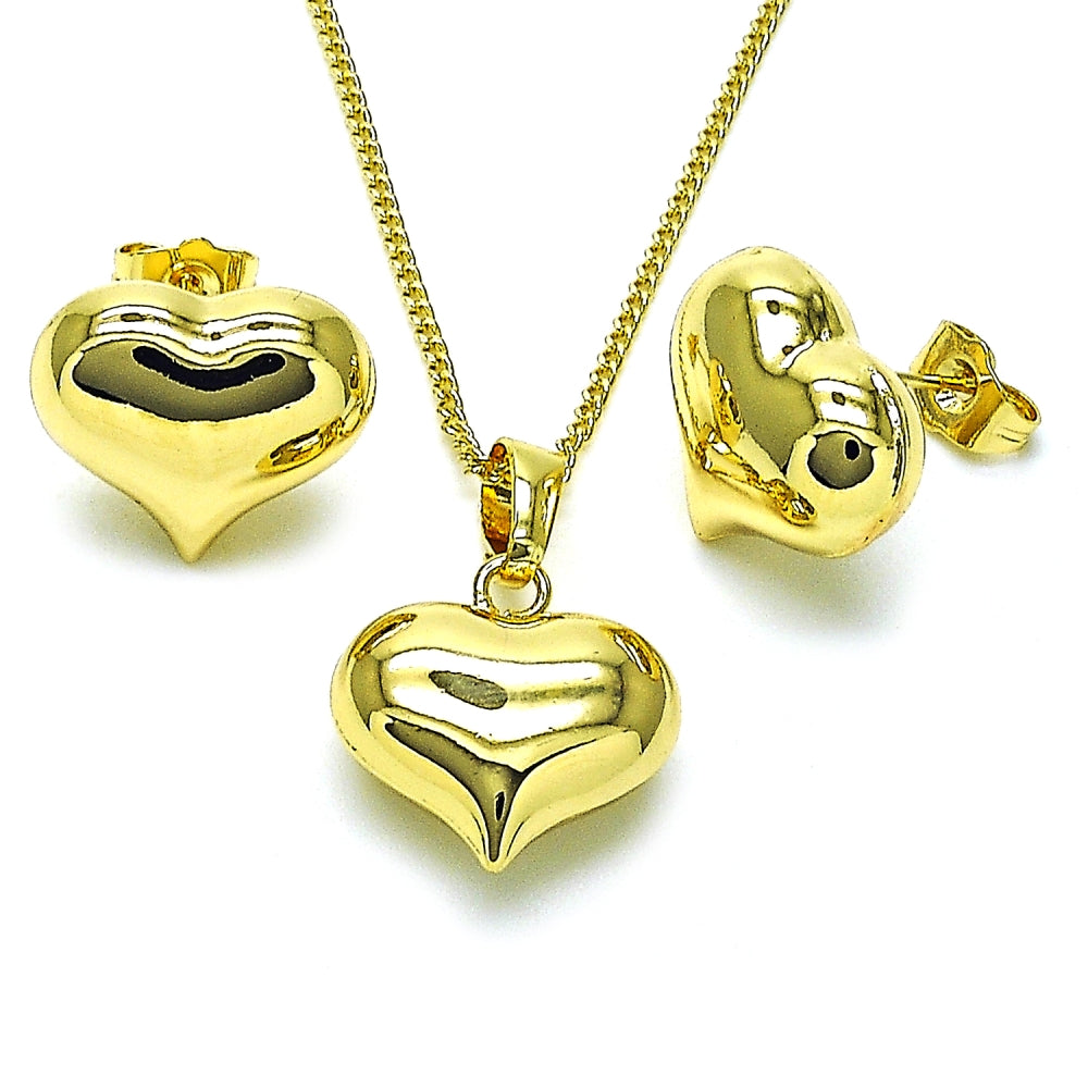 Oro Laminado Earring and Pendant Adult Set, Gold Filled Style Heart and Hollow Design, Polished, Golden Finish