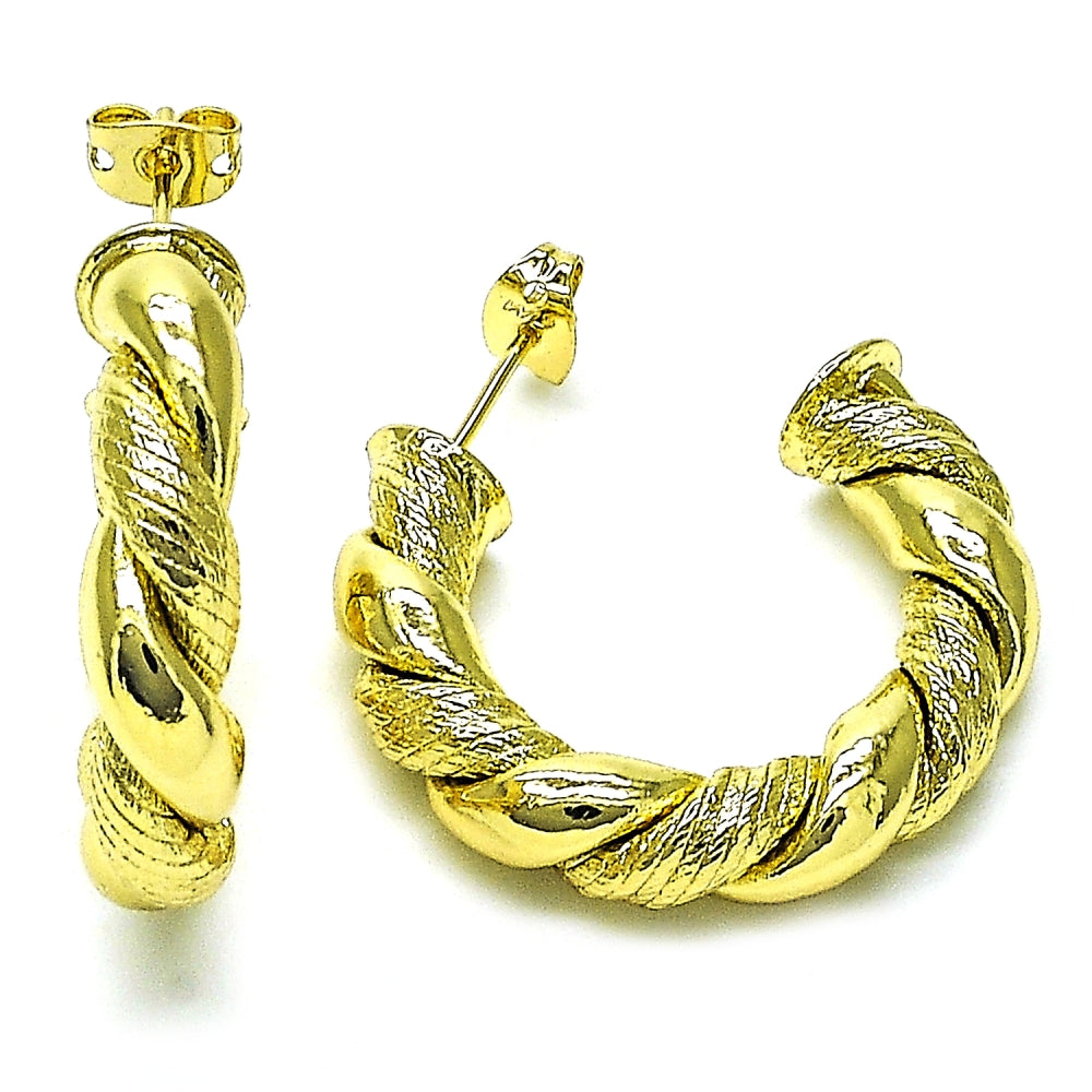 Oro Laminado Medium Hoop, Gold Filled Style Twist Design, Diamond Cutting Finish, Golden Finish