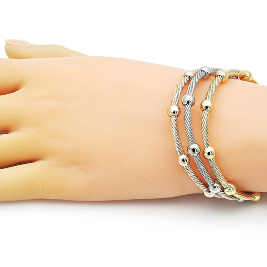 Oro Laminado Trio Bangle, Gold Filled Style Twist and Ball Design, Polished, Tricolor