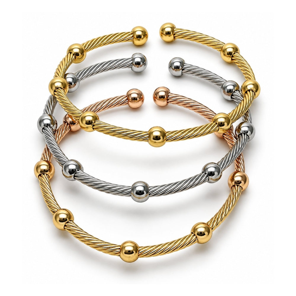 Oro Laminado Trio Bangle, Gold Filled Style Twist and Ball Design, Polished, Tricolor