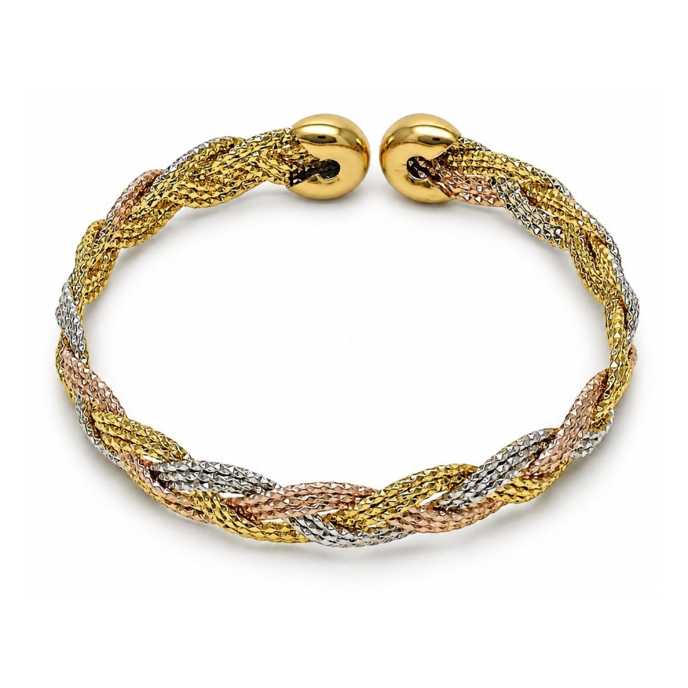 Oro Laminado Individual Bangle, Gold Filled Style Twist Design, Diamond Cutting Finish, Tricolor