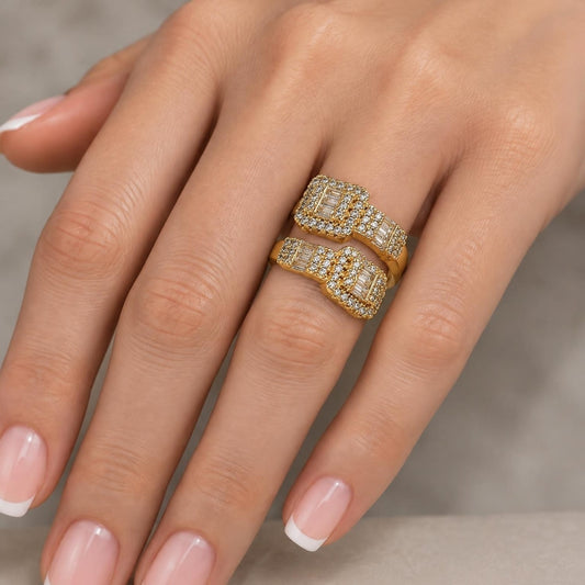 Oro Laminado Multi Stone Ring, Gold Filled Style Baguette and Cluster Design, with White Cubic Zirconia and White Micro Pave, Polished, Golden Finish