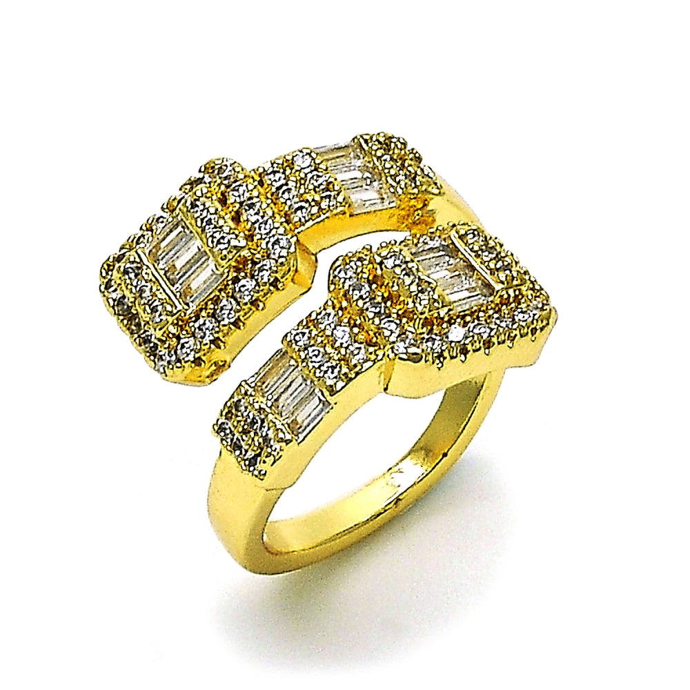 Oro Laminado Multi Stone Ring, Gold Filled Style Baguette and Cluster Design, with White Cubic Zirconia and White Micro Pave, Polished, Golden Finish