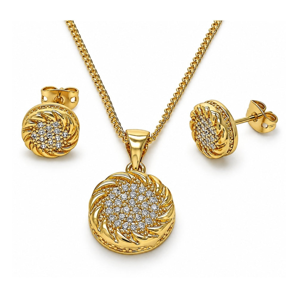 Oro Laminado Earring and Pendant Adult Set, Gold Filled Style Rope Design, with White Micro Pave, Polished, Golden Finish