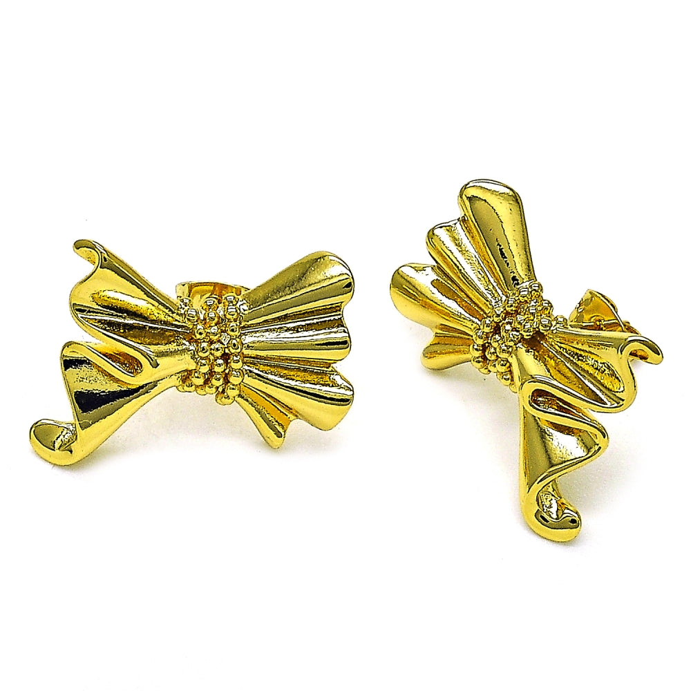 Oro Laminado Stud Earring, Gold Filled Style Bow Design, Polished, Golden Finish