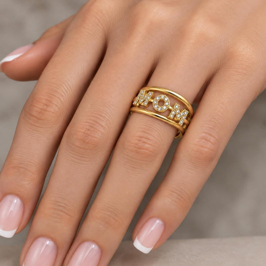Oro Laminado Multi Stone Ring, Gold Filled Style Mom Design, with White Micro Pave, Polished, Golden Finish