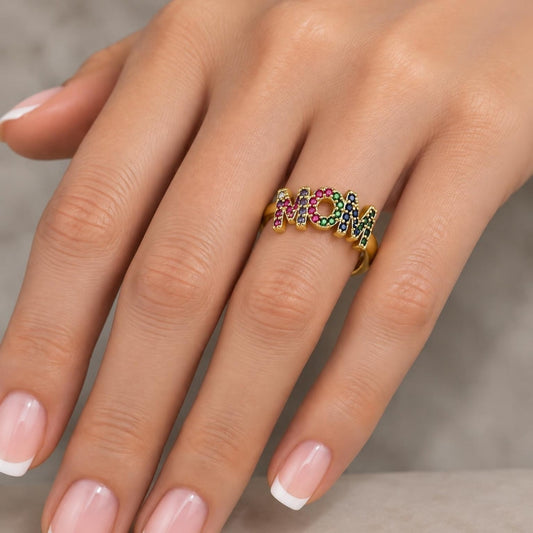 Oro Laminado Multi Stone Ring, Gold Filled Style Mom Design, with Multicolor Micro Pave, Polished, Golden Finish