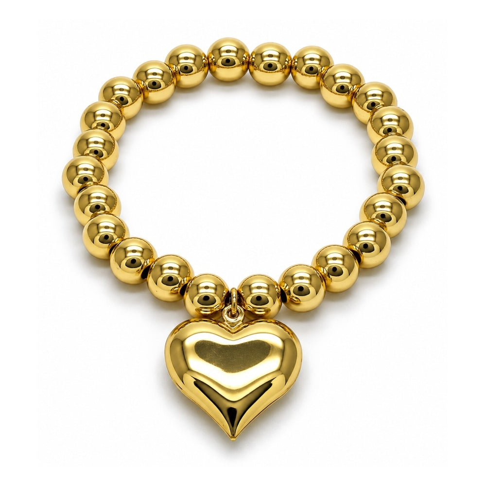 Oro Laminado Fancy Bracelet, Gold Filled Style Heart and Ball Design, Polished, Golden Finish