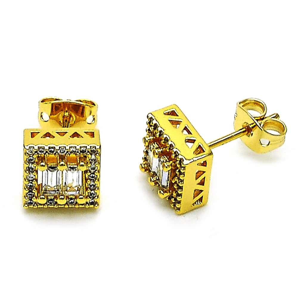 Oro Laminado Stud Earring, Gold Filled Style Baguette Design, with White Cubic Zirconia and White Micro Pave, Polished, Golden Finish