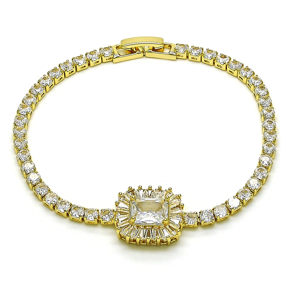 Oro Laminado Tennis Bracelet, Gold Filled Style Cluster and Baguette Design, with White Cubic Zirconia, Polished, Golden Finish