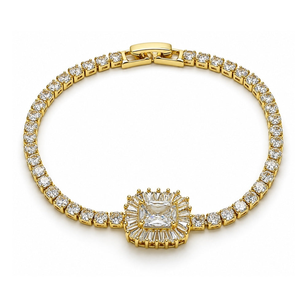 Oro Laminado Tennis Bracelet, Gold Filled Style Cluster and Baguette Design, with White Cubic Zirconia, Polished, Golden Finish