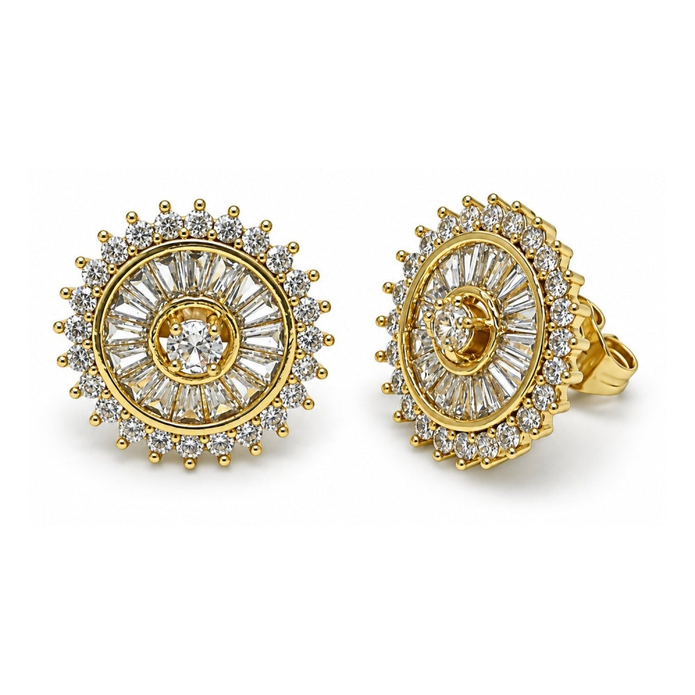 Oro Laminado Stud Earring, Gold Filled Style Cluster and Baguette Design, with White Cubic Zirconia, Polished, Golden Finish