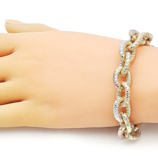 Oro Laminado Fancy Bracelet, Gold Filled Style Rolo Design, Diamond Cutting Finish, Tricolor