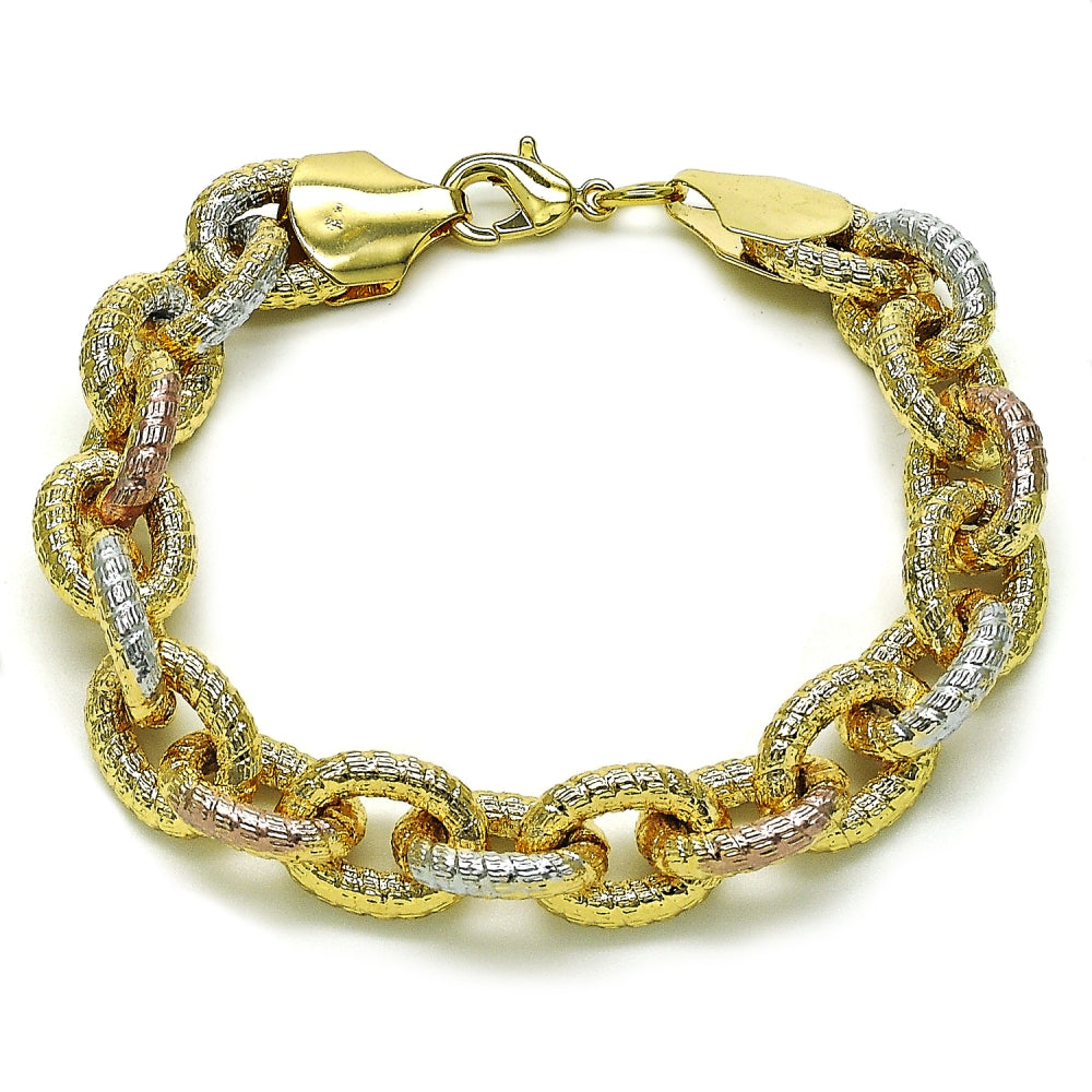 Oro Laminado Fancy Bracelet, Gold Filled Style Rolo Design, Diamond Cutting Finish, Tricolor