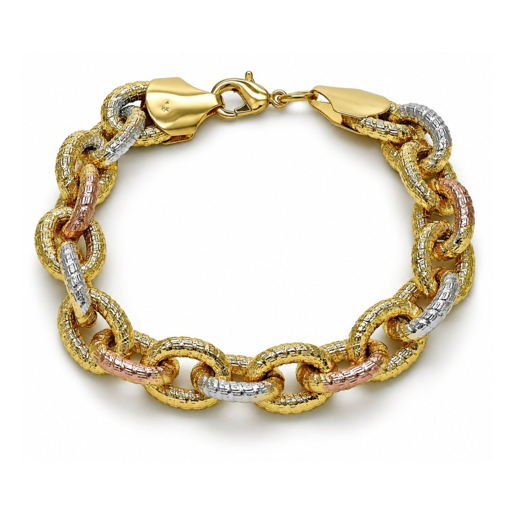 Oro Laminado Fancy Bracelet, Gold Filled Style Rolo Design, Diamond Cutting Finish, Tricolor