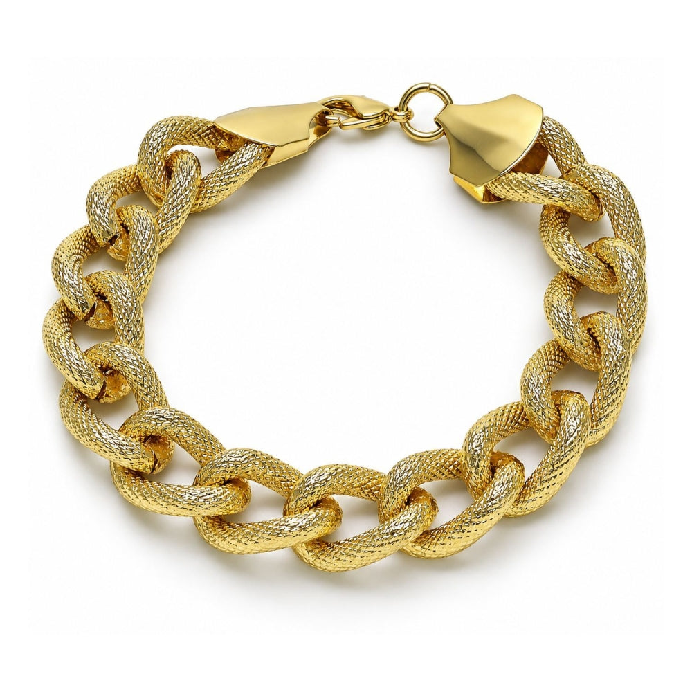 Oro Laminado Fancy Bracelet, Gold Filled Style Miami Cuban Design, Diamond Cutting Finish, Golden Finish