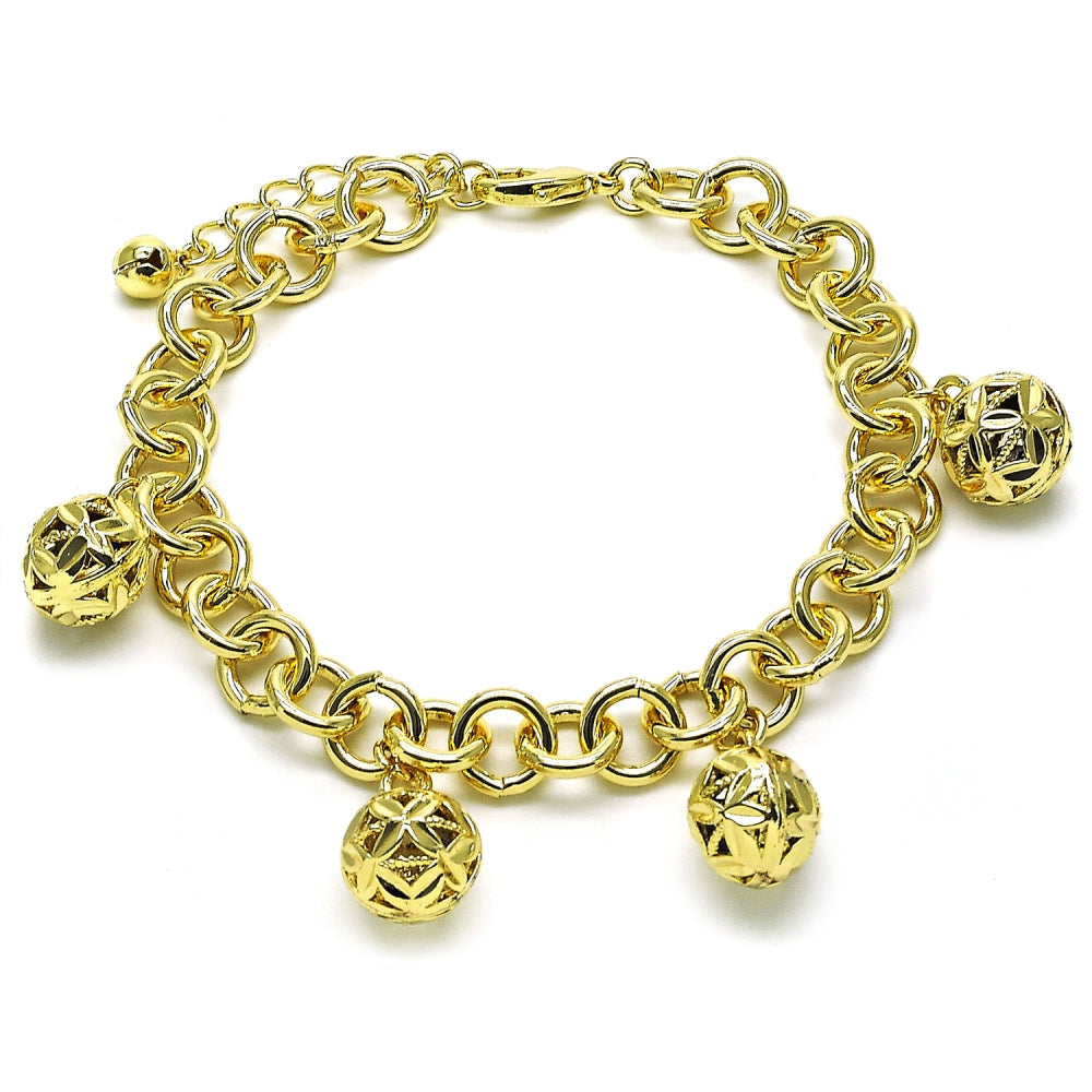 Oro Laminado Charm Bracelet, Gold Filled Style Ball and Rolo Design, Diamond Cutting Finish, Golden Finish